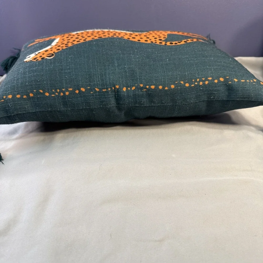Green Teal Embroidered Leaping Cheetah Luxury Decorative Toss Pillow Tassels